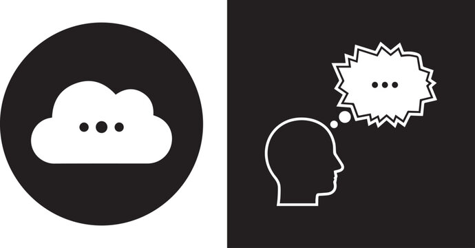 Minimalist vector icon set featuring a white thought cloud in a black circle and a profile silhouette with an explosive thought bubble, representing intense thinking or brainstorming.