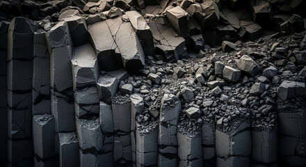 Fototapeta premium Dark grey basalt columns with sharp angular rock fragments, representing geological power, natural strength, and rugged texture