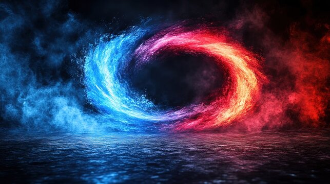 Dynamic Circular Vortex of Blue and Red Energy with Reflective Surface