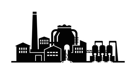 Fototapeta premium Black industrial factory silhouette icon with smokestacks, tanks, and manufacturing buildings isolated on a white background