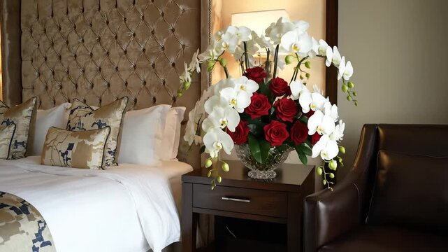 Luxury hotel bed with decorative pillows