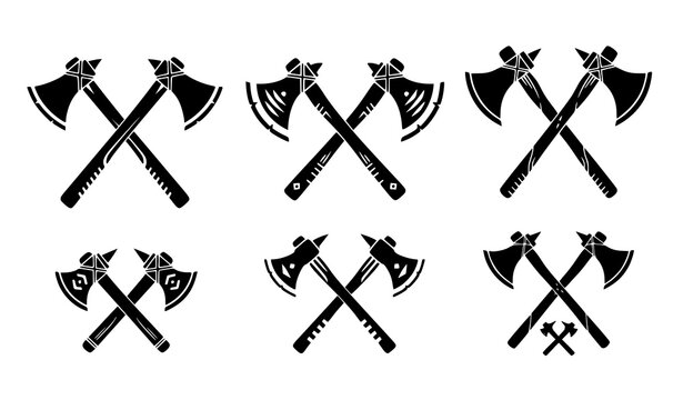 Crossed Axe Icon Set Featuring Double Bladed Battle Axes, Viking Weapons, and Medieval Combat Symbols for Warrior, Fantasy, Game Design, and Heraldry Graphics
