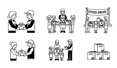 Obraz premium Food Donation and Charity Line Art Illustration Set Featuring Volunteers Giving Aid, Food Drive Distribution, Community Support, and Humanitarian Help for Nonprofit and Social Service Design