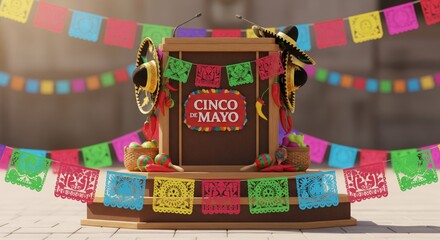 Obraz premium Cinco De Mayo Decorated Podium with Sombrero and Festive Banners