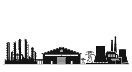 Obraz premium Industrial Factory Silhouette with Power Plant, Warehouse, and Electricity Pylons Vector Icon