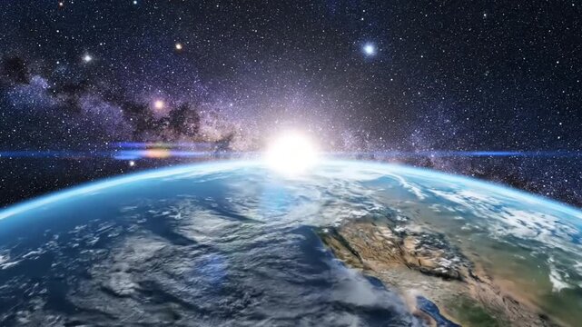 Ultra-wide 4K cinematic animation of Earth seen from deep space, sunrise slowly revealing across the entire curvature, billions of stars and distant galaxies visible, high depth of field