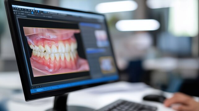 Dental image displayed on computer monitor in clinic office setting  