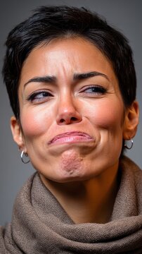 A young woman with short dark hair wears a brown scarf, demonstrating a powerful expression of distaste. She furrows her brow, wrinkles her nose, and puckers her mouth in a studio setting