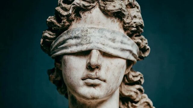 Close view of classical marble statue with blindfold representing justice truth and impartiality in dramatic studio lighting against dark background