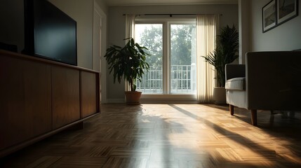 Fototapeta premium Sunlight streams through a window into a modern living room illuminating a wooden cabinet and armchair