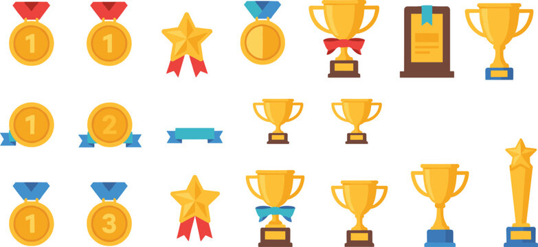 Cartoon award icon illustration with medals, trophies, ribbons, stars, and plaques for achievement and recognition design