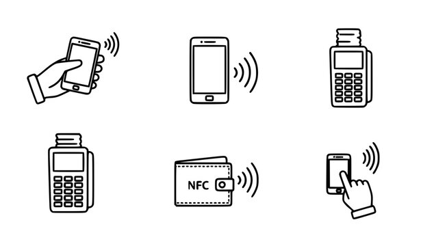 Contactless Payment Icon Set with NFC Technology, Smartphone Tap to Pay, POS Terminal, and Wireless Transaction Symbols for Fintech and Digital Banking Design