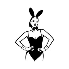 Logotipo modelo sexy de Playboy. Dibujo sencillo de una chica con disfraz de conejita para fiesta de Halloween o Pascua  © teracreonte
