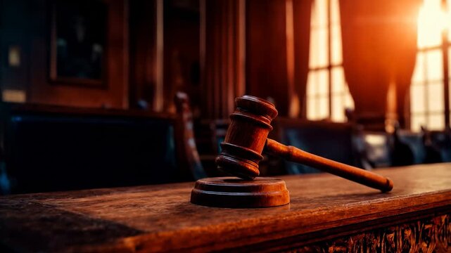 Judge gavel resting on wooden desk in warm courtroom light representing authority decision justice system and legal process in formal setting