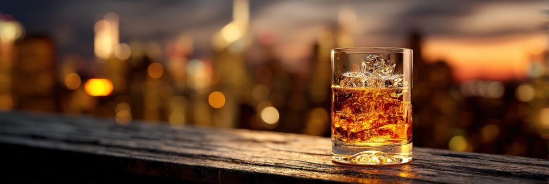 Premium Whiskey on Ice with Sunset City Skyline View