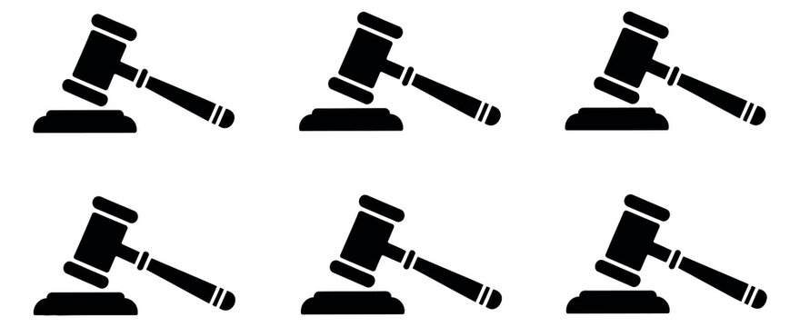 Minimalist black judge gavel icon set featuring hammer of justice silhouettes, representing law, legal system, courtroom, and judicial authority, vector illustration