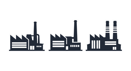 Obraz premium Industrial Factory Icons Set: Vector Silhouettes of Manufacturing Plants and Power Stations Isolated on White Background