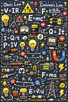 Physics Doodle Pattern with Ohm's Law, Coulomb's Law, E=mc&sup2; and Electric Icons &ndash; Educational Dark Background Illustration
