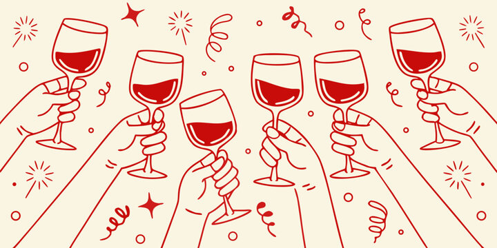 A celebratory toast with red wine glasses and festive decorations