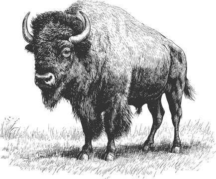Western bison illustration in vintage ink sketch vector style with detailed buffalo engraving. Iconic wild animal perfect for branding, national park themes, logos and rustic heritage graphics.