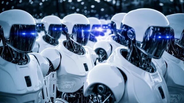 Row of futuristic humanoid robots with glowing blue lights symbolizing artificial intelligence automation and advanced technology in industrial environment