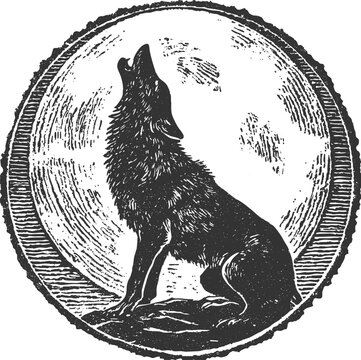Wolf howling at the moon illustration vintage engraved vector in bold silhouette style. Iconic wildlife symbol ideal for logos, branding, outdoor themes, badges, apparel, and adventure design projects