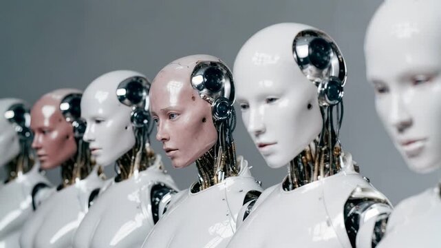 Line of sleek humanoid robots in profile representing artificial intelligence innovation automation and standardized production in futuristic environment