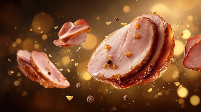 Delicious Honey Glazed Sliced Ham with Flying Spices and Golden Bokeh