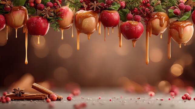 Gourmet Caramel Dipped Apples with Cinnamon and Winter Berries