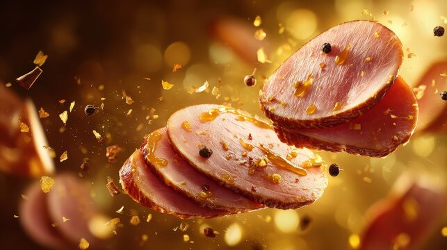 Gourmet Sliced Glazed Ham with Spices Flying in Golden Light