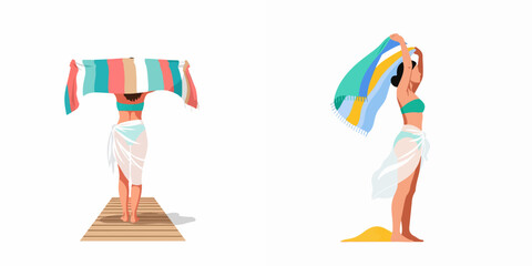 Vector illustration set of a young woman in a bikini and sarong holding a striped beach towel, perfect for summer vacation and travel themes. © Mairiko