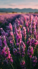 Obraz premium Bee pollinating purple lavender flowers in golden sunset field