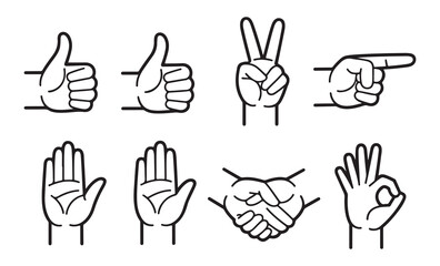 Fototapeta premium Set of black outline hand gesture icons including thumbs up down peace sign pointing and handshake