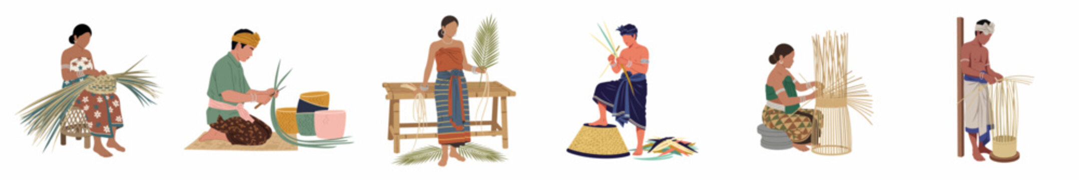Vector illustration set of Balinese men and women in traditional clothing engaged in the art of traditional basket weaving and craft making.