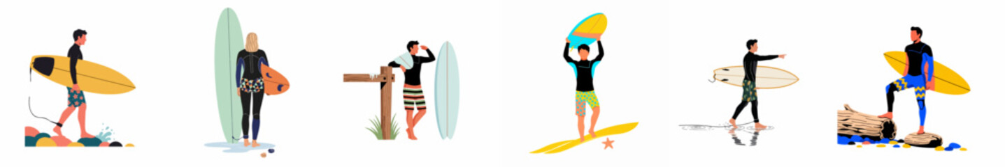 Collection of diverse surfers with surfboards in flat vector style, illustrating summer beach activities and coastal lifestyle themes on a white background. © Mairiko