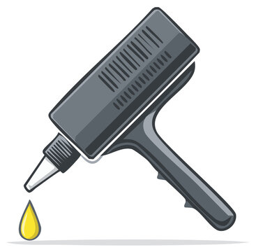 Grey hot glue gun with a yellow drop of glue coming out of the nozzle