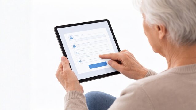 Exploring renters insurance quotes online application senior user digital environment close-up view