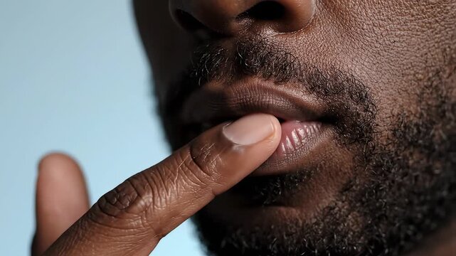 Close up of man touching lips