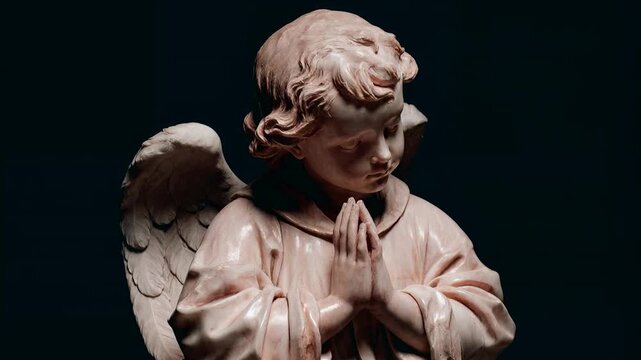 Angel statue with folded hands in prayer illuminated against dark background evoking spiritual protection eternal rest and gentle remembrance in sacred space