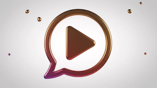 3D play button icon in speech bubble.