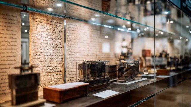 Glass display cases inside contemporary museum gallery presenting historical artifacts under warm lighting conveying culture preservation heritage and public education