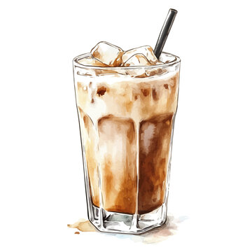 Iced Coffee Latte, watercolor painting with colorful accents, isolated on a white background.