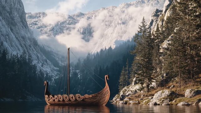 A wooden Viking longship floats peacefully on a mountain lake surrounded by pine forests and misty dramatic snowy peaks