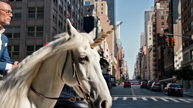 Businessman in blue suit riding unicorn through modern city street blending corporate confidence urban mobility and unconventional leadership presence
