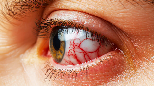 Close-up of a bloodshot eye with brown iris eye health vision
