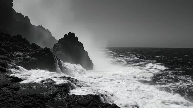 Dramatic monochrome ocean waves crashing against a rocky coastline creating a powerful scene of nature