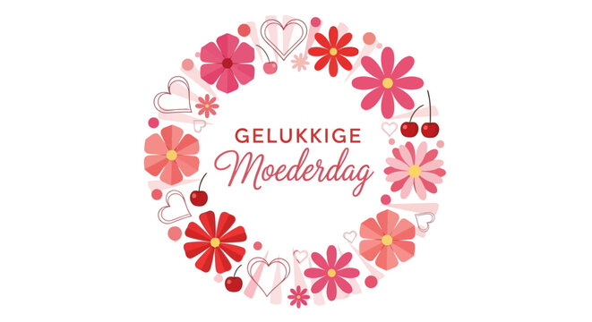 Gelukkige Moederdag Happy Mother's Day Greeting Card in Dutch with Pink and Red Floral Wreath, Hearts and Cherries