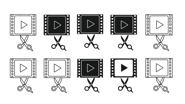A set of black and white film strip icons with play buttons and scissors on a white background.