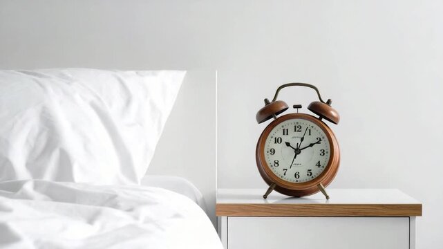 A wooden alarm clock on a white nightstand beside a bed with white bedding