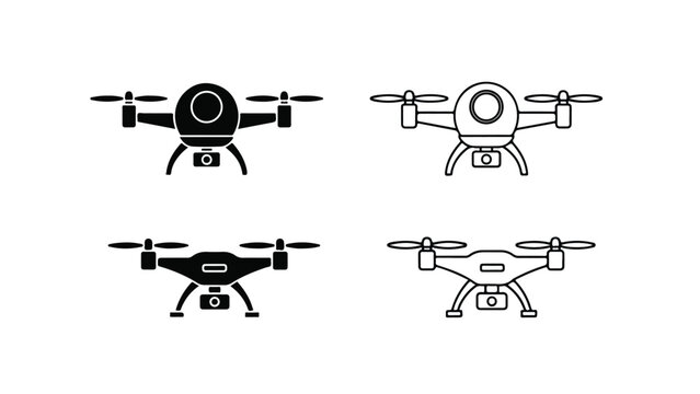 Four drone icons in black and white line art style with varying line weights on a clean white background.